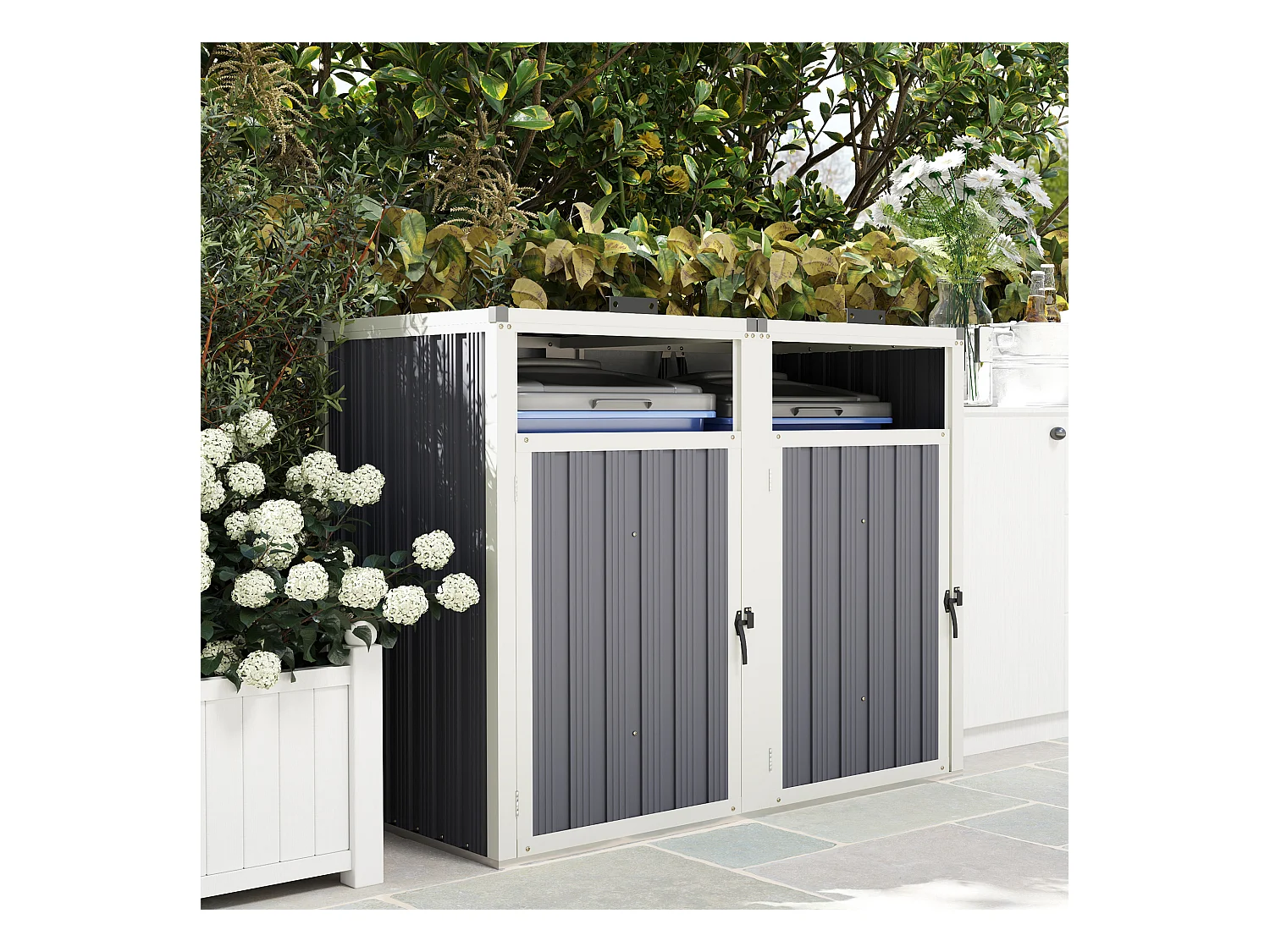 Outsunny Abri pour 2 poubelles 240L, cache poubelle extérieur, portes avec poignées, couvercles relevables à 180°, acier galvanisé, 146 x 81 x 122 cm, gris foncé