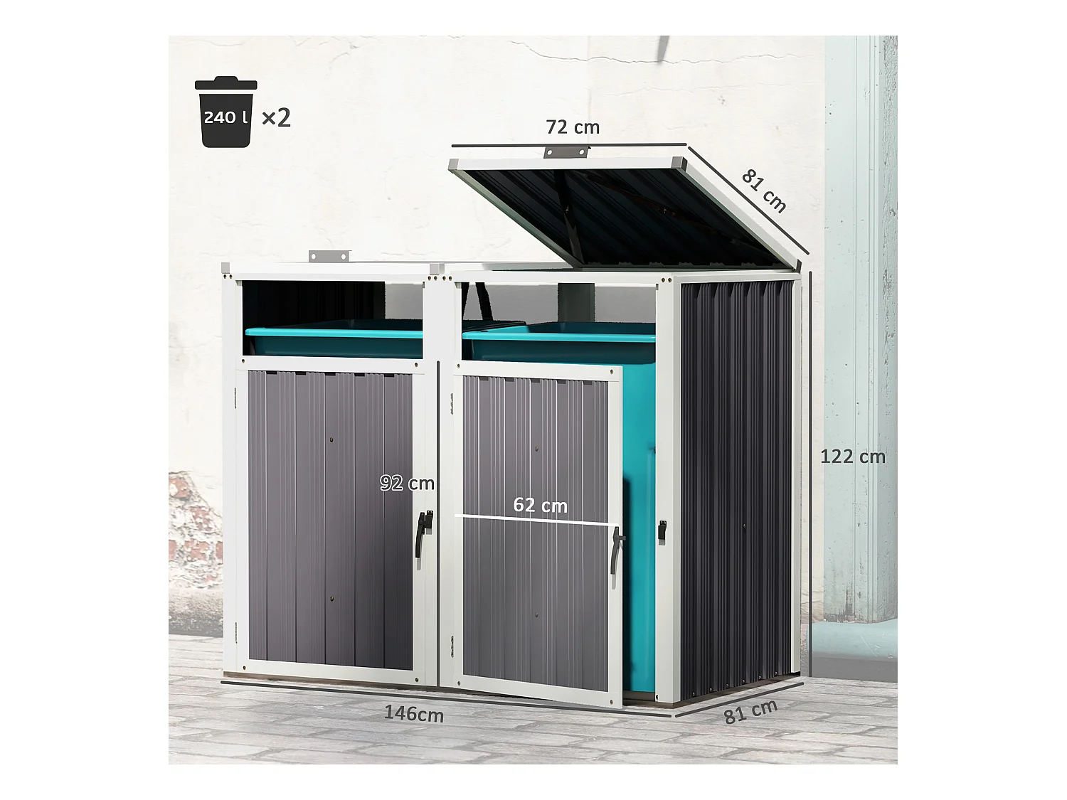 Outsunny Abri pour 2 poubelles 240L, cache poubelle extérieur, portes avec poignées, couvercles relevables à 180°, acier galvanisé, 146 x 81 x 122 cm, gris foncé