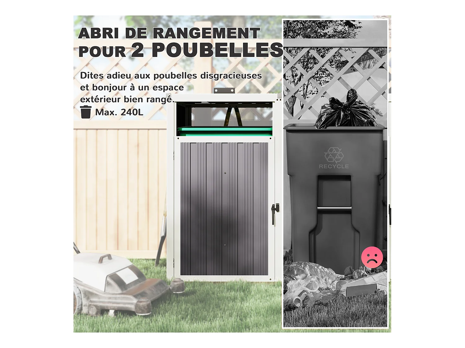 Outsunny Abri pour 2 poubelles 240L, cache poubelle extérieur, portes avec poignées, couvercles relevables à 180°, acier galvanisé, 146 x 81 x 122 cm, gris foncé