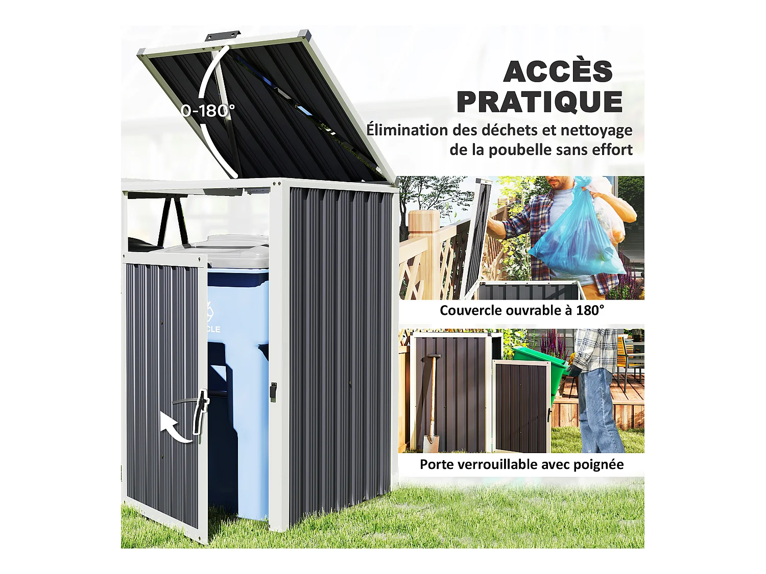 Outsunny Abri pour 2 poubelles 240L, cache poubelle extérieur, portes avec poignées, couvercles relevables à 180°, acier galvanisé, 146 x 81 x 122 cm, gris foncé
