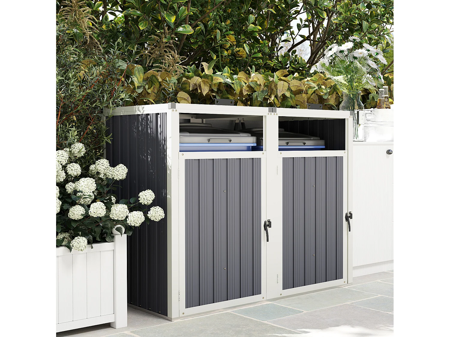 Outsunny Abri pour 2 poubelles 240L, cache poubelle extérieur, portes avec poignées, couvercles relevables à 180°, acier galvanisé, 146 x 81 x 122 cm, gris foncé