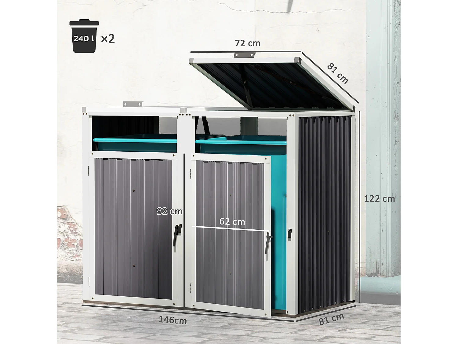 Outsunny Abri pour 2 poubelles 240L, cache poubelle extérieur, portes avec poignées, couvercles relevables à 180°, acier galvanisé, 146 x 81 x 122 cm, gris foncé