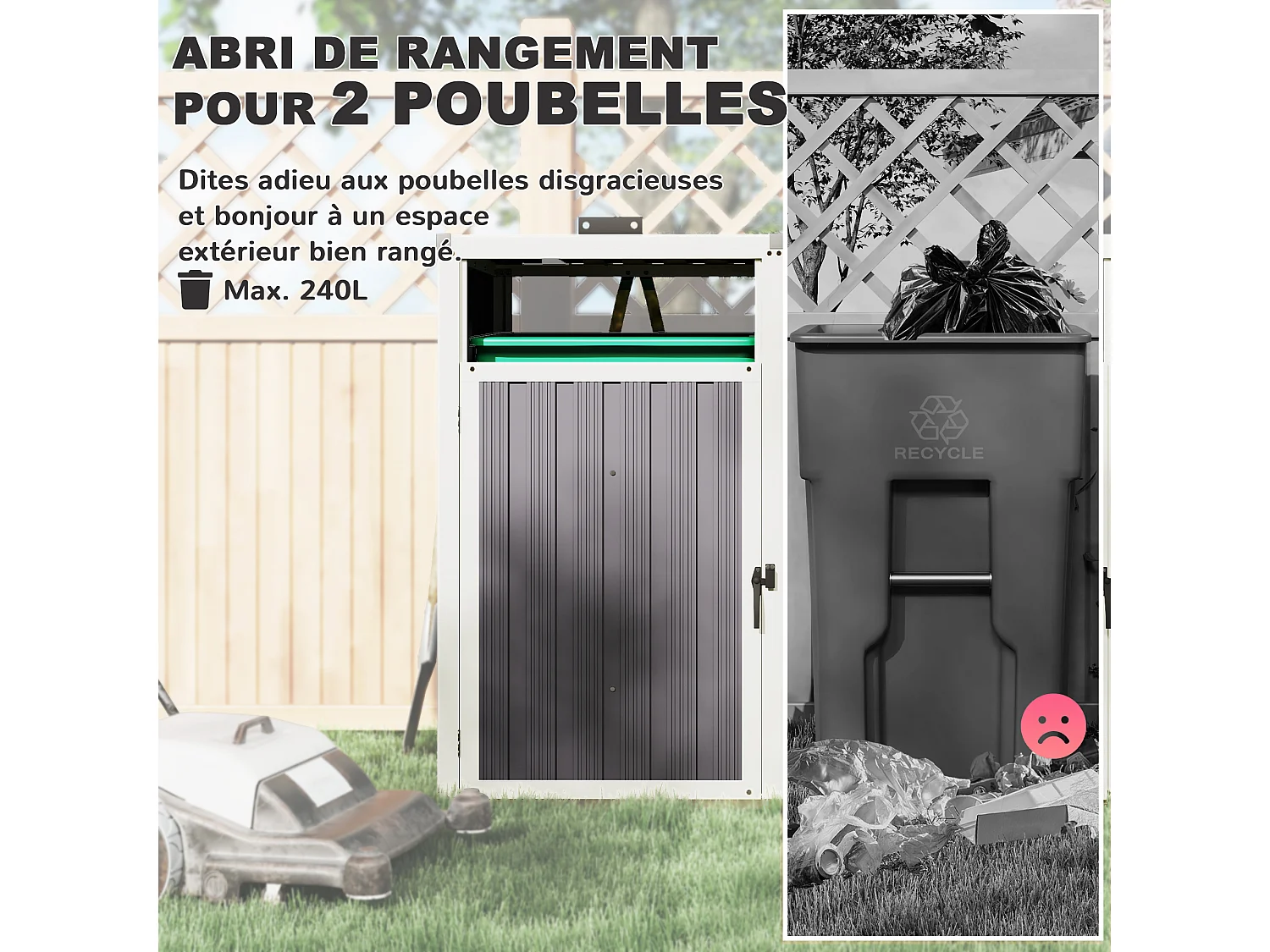 Outsunny Abri pour 2 poubelles 240L, cache poubelle extérieur, portes avec poignées, couvercles relevables à 180°, acier galvanisé, 146 x 81 x 122 cm, gris foncé