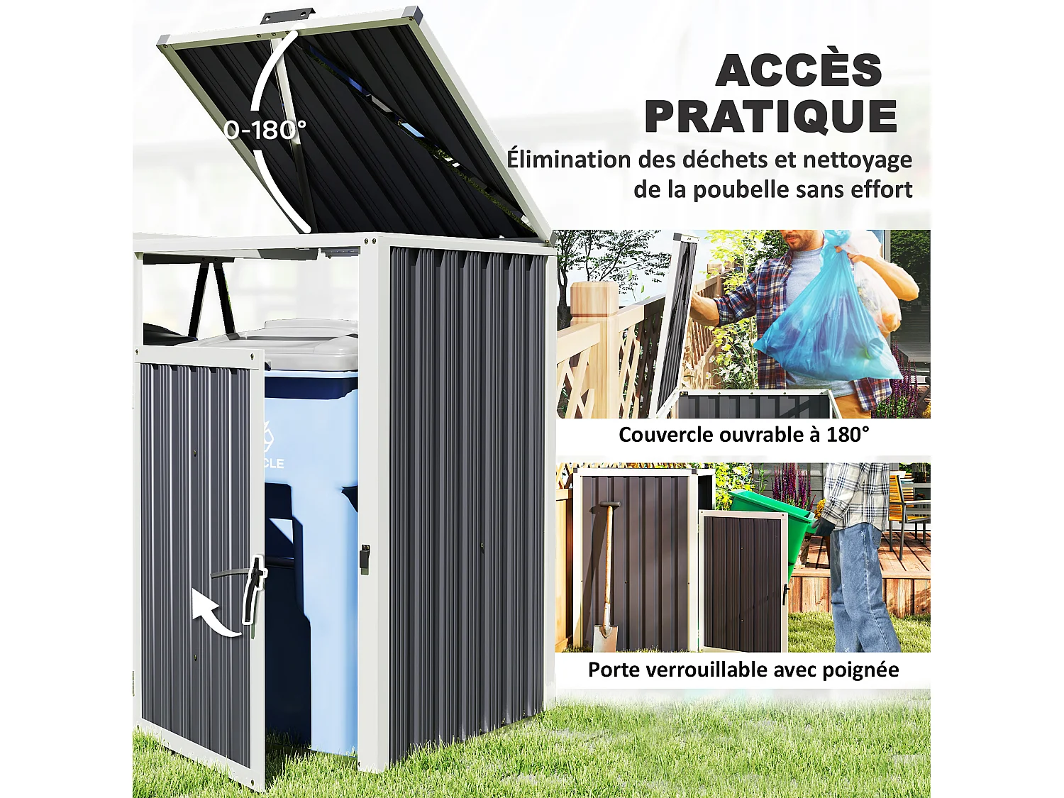 Outsunny Abri pour 2 poubelles 240L, cache poubelle extérieur, portes avec poignées, couvercles relevables à 180°, acier galvanisé, 146 x 81 x 122 cm, gris foncé