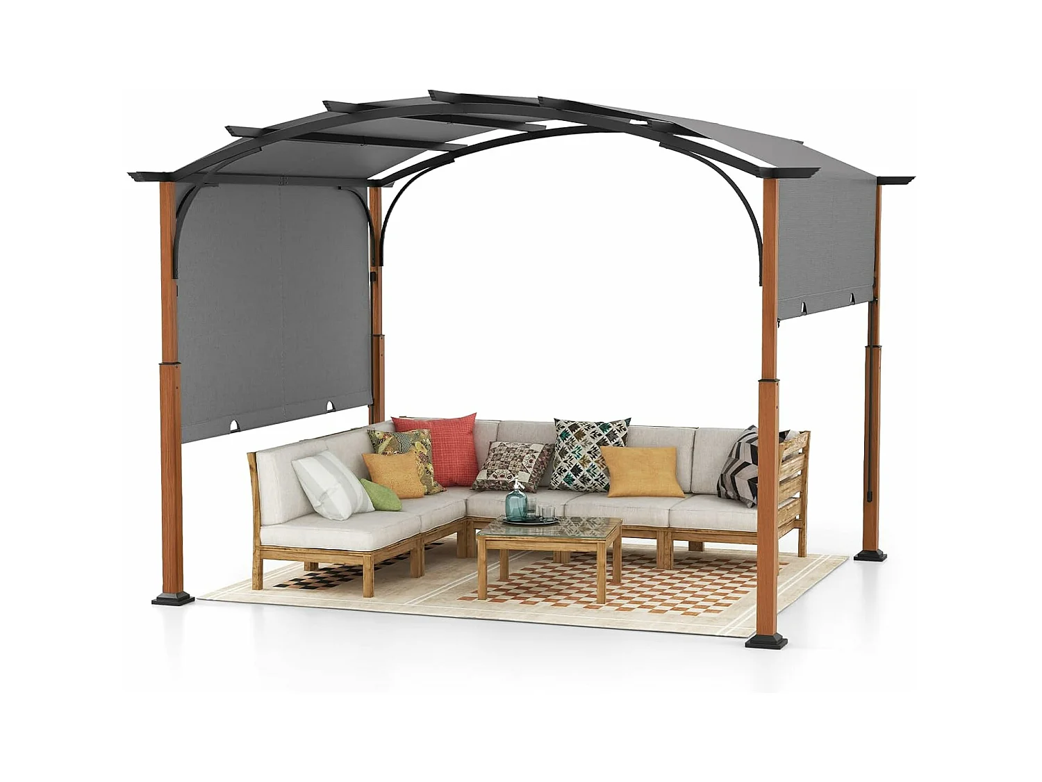 Pergola met uittrekbaar dak, 3,6 x 3 m paviljoen, waterdicht, stabiel, winterbestendig, tuinpaviljoen met robuuste metalen zuilen voor terras, tuin, ZB33071