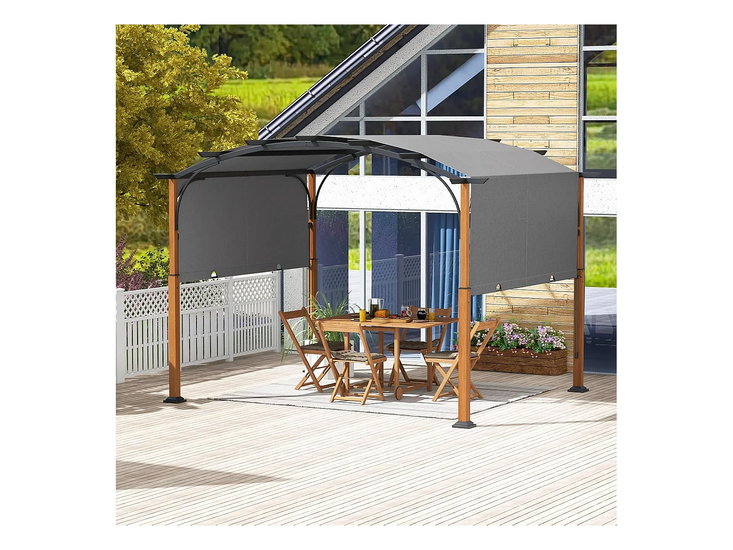 Pergola met uittrekbaar dak, 3,6 x 3 m paviljoen, waterdicht, stabiel, winterbestendig, tuinpaviljoen met robuuste metalen zuilen voor terras, tuin, ZB33071