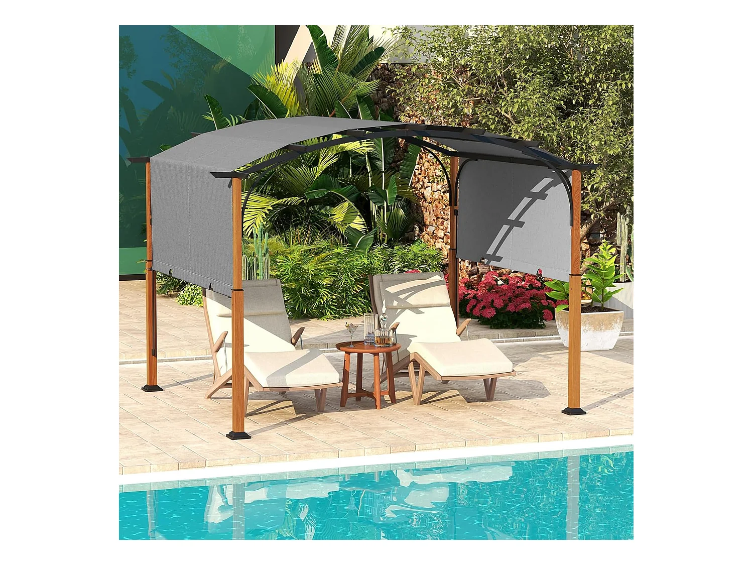 Pergola met uittrekbaar dak, 3,6 x 3 m paviljoen, waterdicht, stabiel, winterbestendig, tuinpaviljoen met robuuste metalen zuilen voor terras, tuin, ZB33071