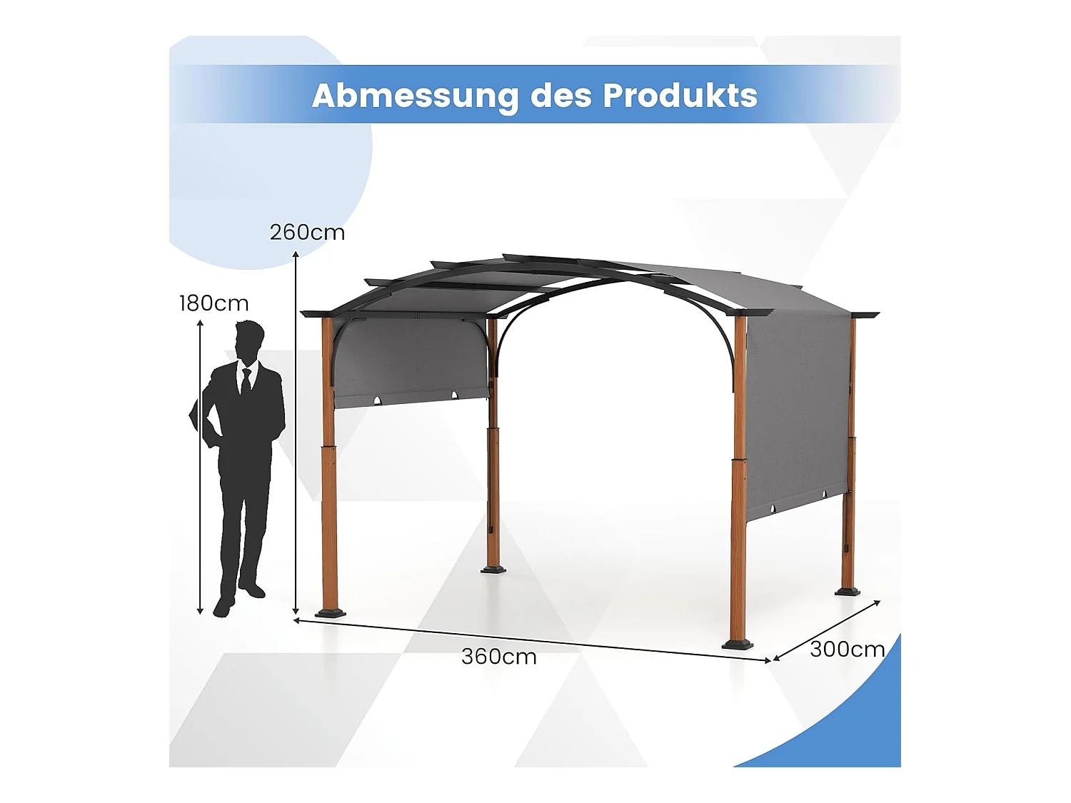 Pergola met uittrekbaar dak, 3,6 x 3 m paviljoen, waterdicht, stabiel, winterbestendig, tuinpaviljoen met robuuste metalen zuilen voor terras, tuin, ZB33071