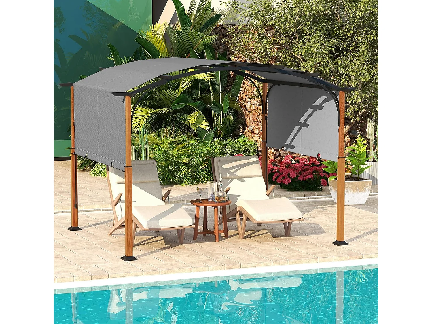 Pergola met uittrekbaar dak, 3,6 x 3 m paviljoen, waterdicht, stabiel, winterbestendig, tuinpaviljoen met robuuste metalen zuilen voor terras, tuin, ZB33071