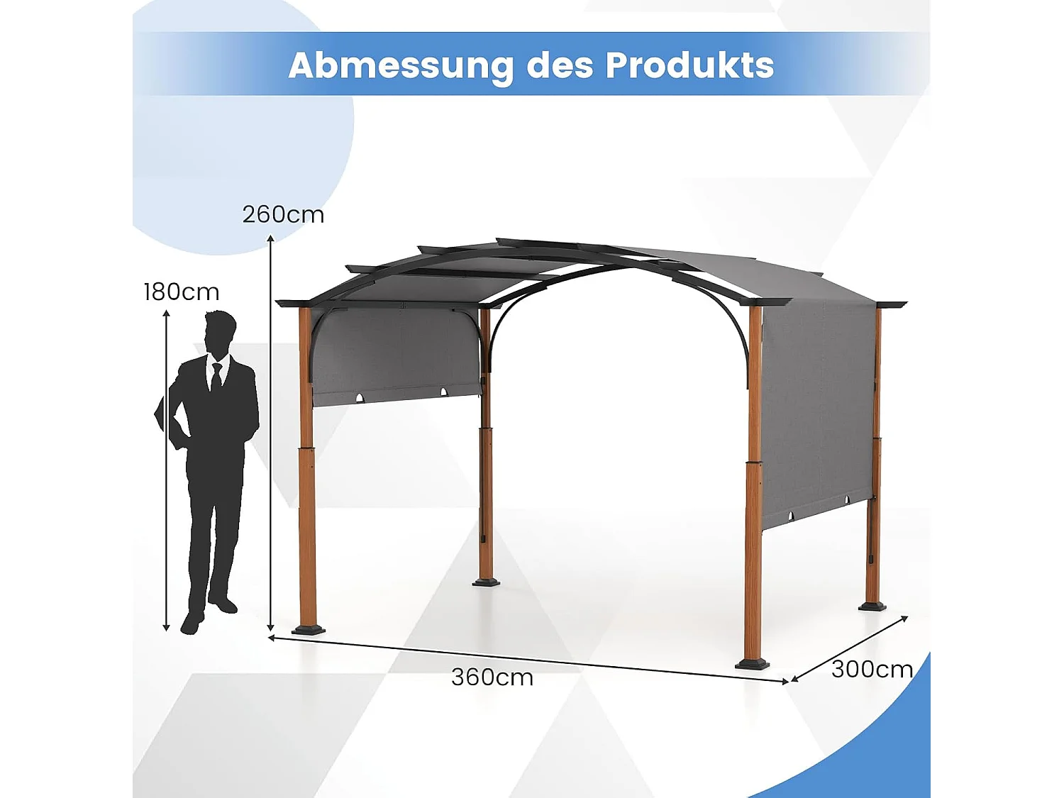 Pergola met uittrekbaar dak, 3,6 x 3 m paviljoen, waterdicht, stabiel, winterbestendig, tuinpaviljoen met robuuste metalen zuilen voor terras, tuin, ZB33071