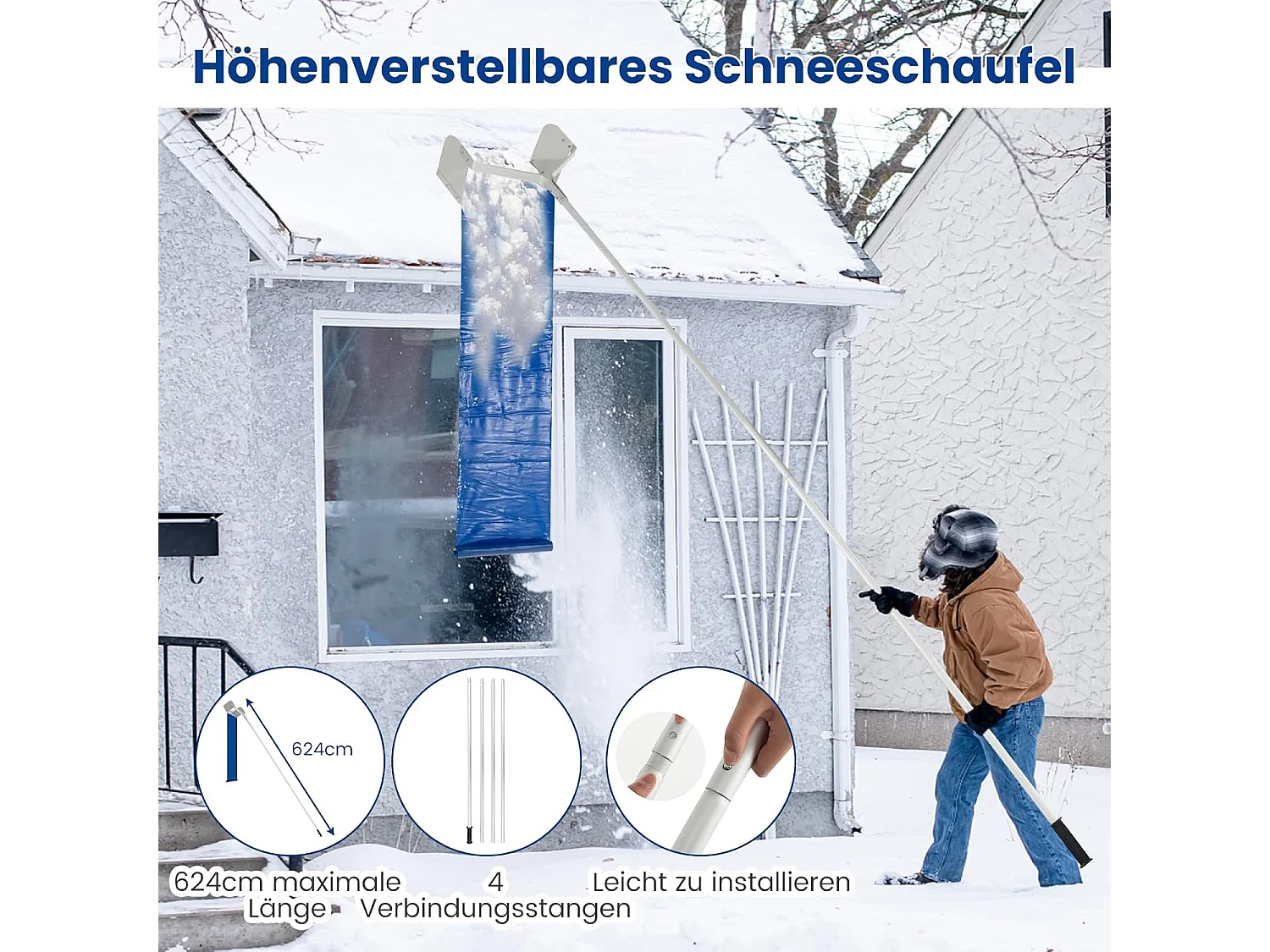 Sneeuwruimer voor dak, sneeuwruimer met telescoopsteel en antislip handgreep, dakruimer, sneeuwschep, sneeuwschuiver van aluminium, instelbereik 187-624 cm