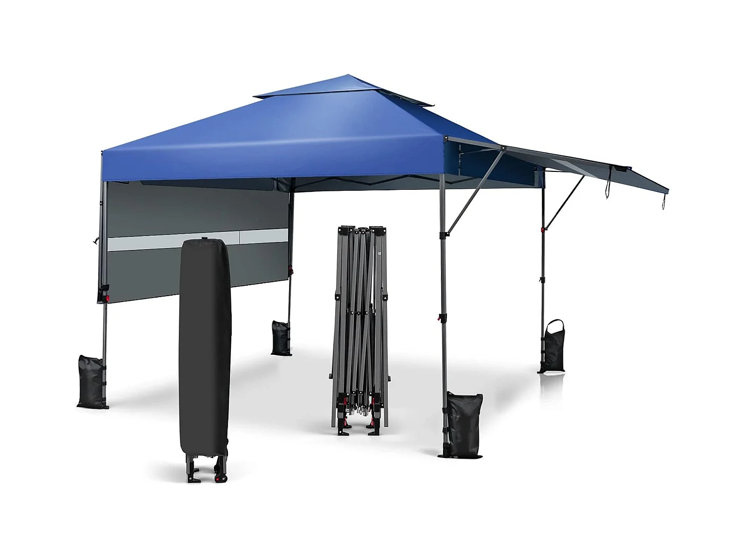 3 x 3 m pop-up paviljoen met twee luifels, vouwpaviljoen met roltas, 4 zandzakken, uv-bescherming 50+, opvouwbare tuintent, stabiel, winterbestendig (blauw) ZB32066
