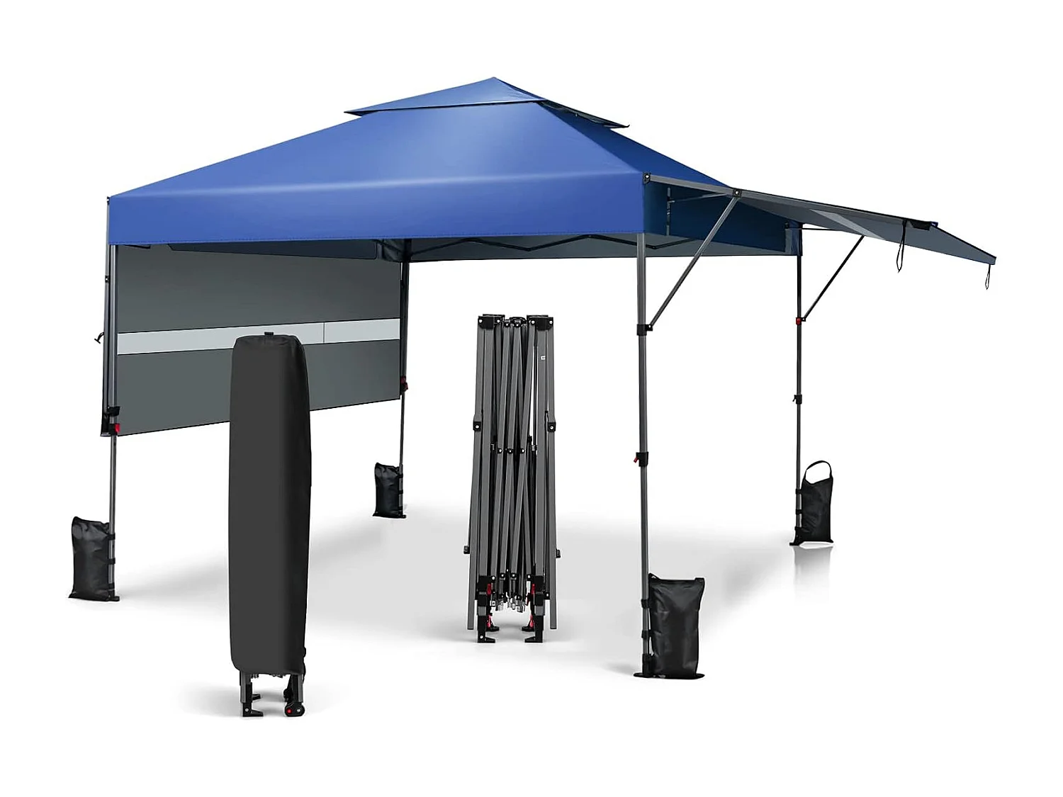 3 x 3 m pop-up paviljoen met twee luifels, vouwpaviljoen met roltas, 4 zandzakken, uv-bescherming 50+, opvouwbare tuintent, stabiel, winterbestendig (blauw) ZB32066