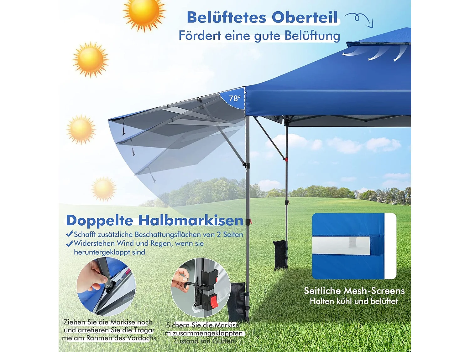 3 x 3 m pop-up paviljoen met twee luifels, vouwpaviljoen met roltas, 4 zandzakken, uv-bescherming 50+, opvouwbare tuintent, stabiel, winterbestendig (blauw) ZB32066