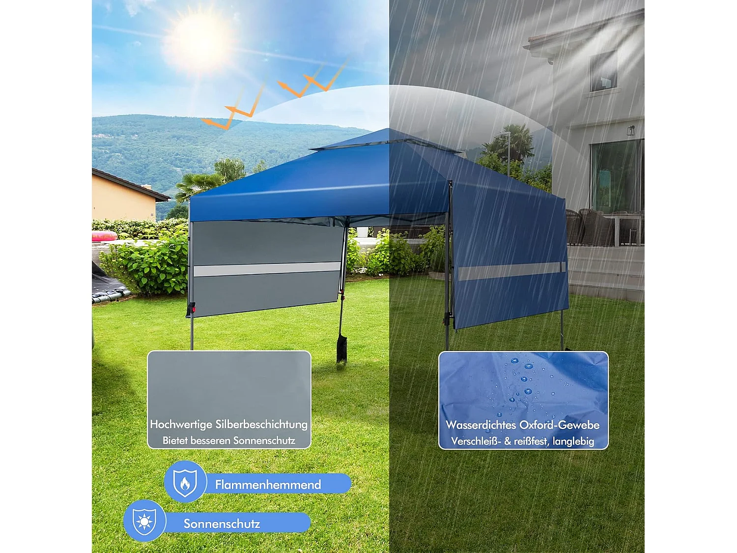 3 x 3 m pop-up paviljoen met twee luifels, vouwpaviljoen met roltas, 4 zandzakken, uv-bescherming 50+, opvouwbare tuintent, stabiel, winterbestendig (blauw) ZB32066