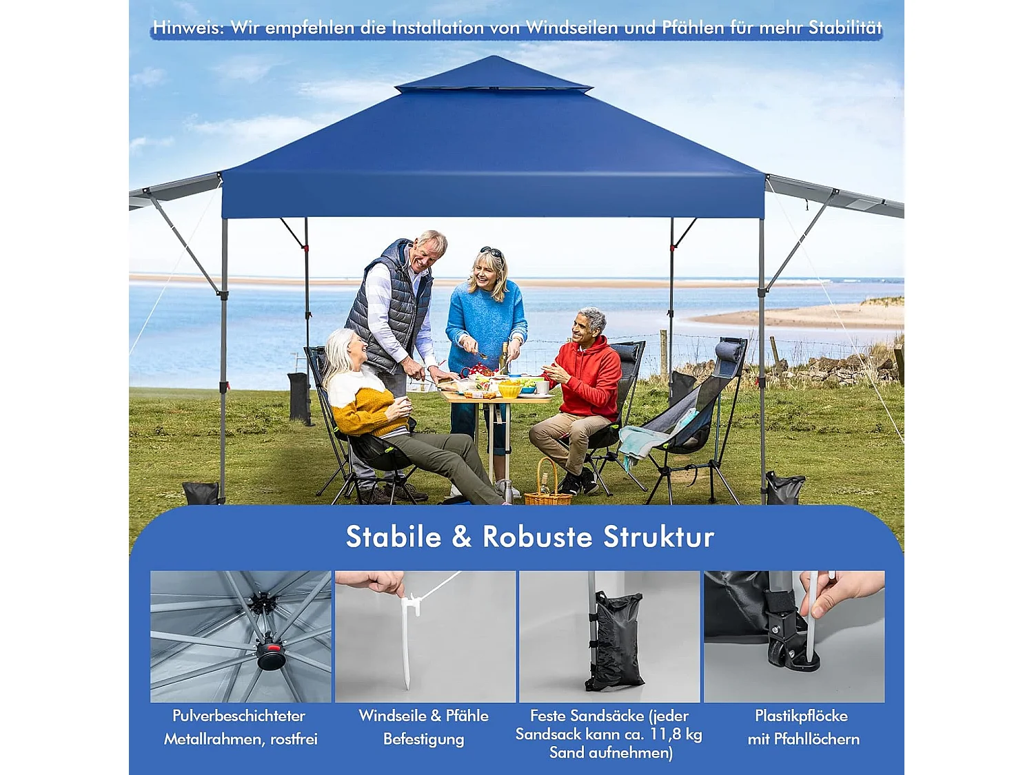 3 x 3 m pop-up paviljoen met twee luifels, vouwpaviljoen met roltas, 4 zandzakken, uv-bescherming 50+, opvouwbare tuintent, stabiel, winterbestendig (blauw) ZB32066