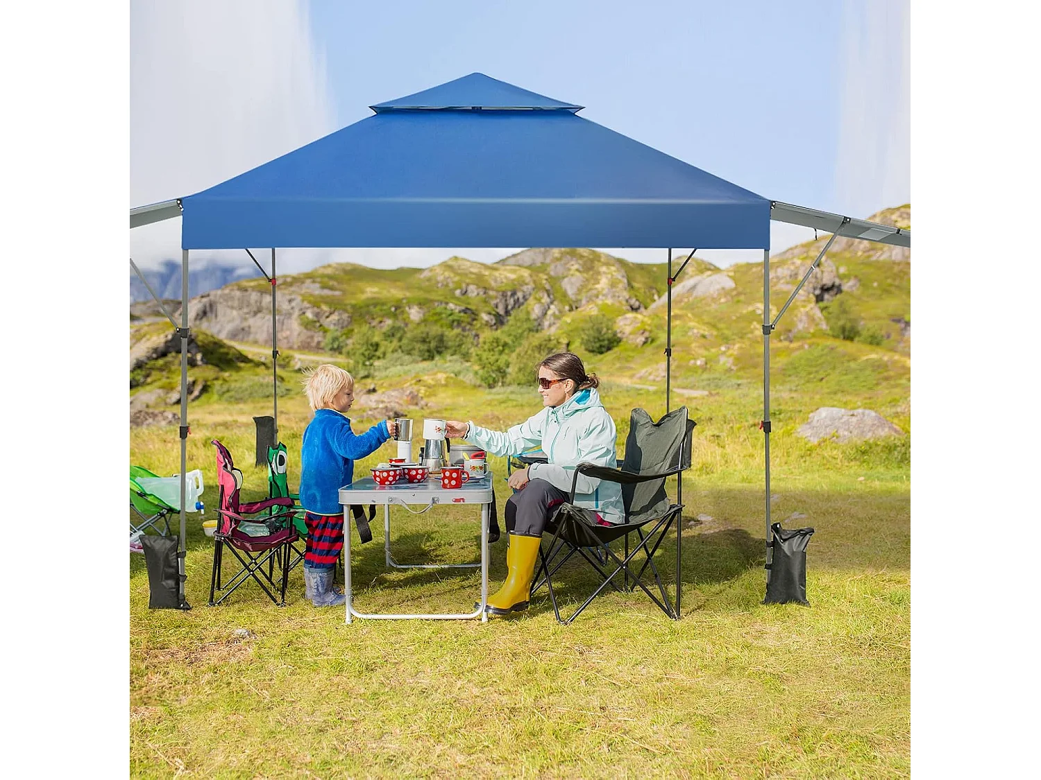 3 x 3 m pop-up paviljoen met twee luifels, vouwpaviljoen met roltas, 4 zandzakken, uv-bescherming 50+, opvouwbare tuintent, stabiel, winterbestendig (blauw) ZB32066