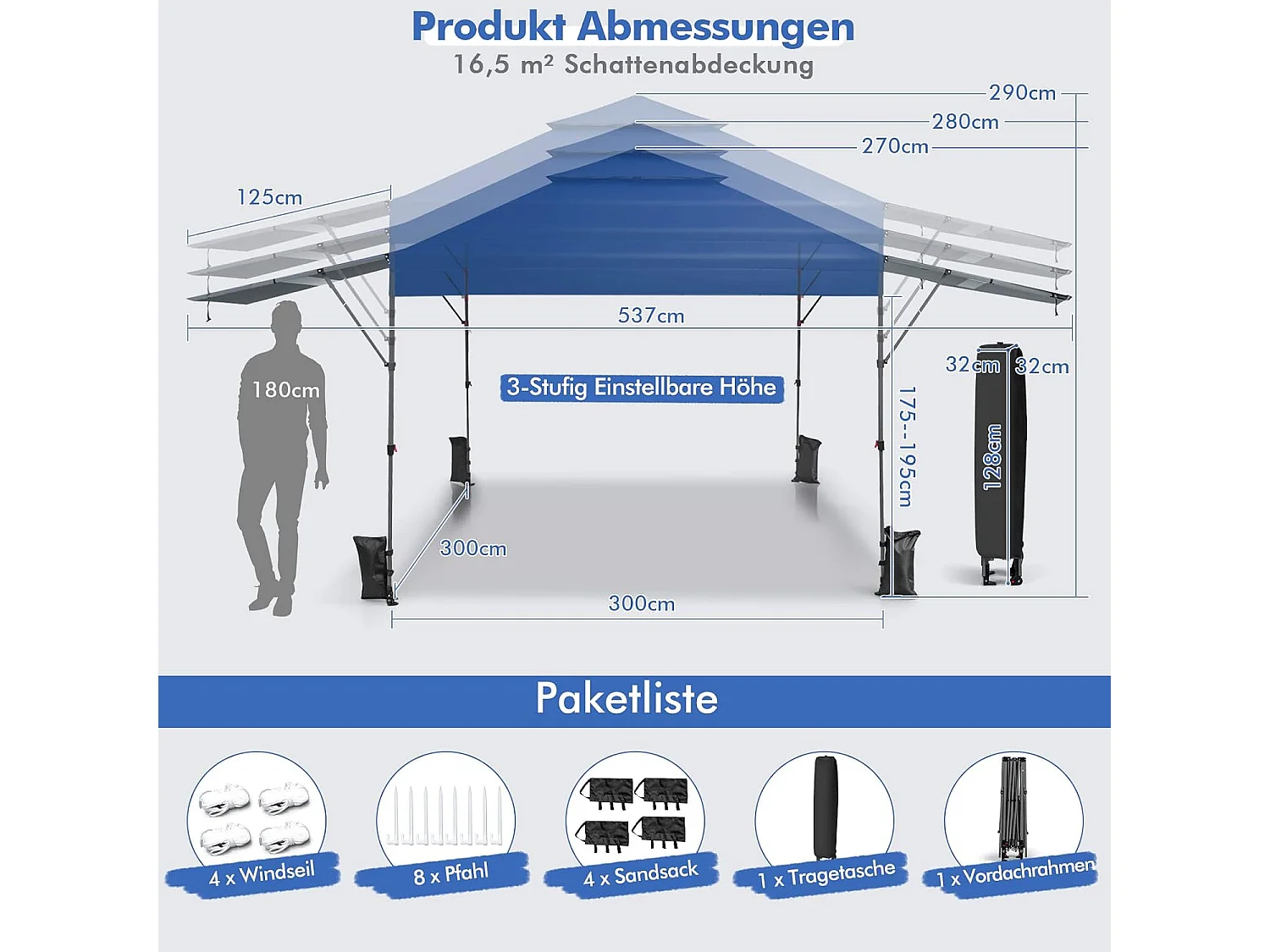 3 x 3 m pop-up paviljoen met twee luifels, vouwpaviljoen met roltas, 4 zandzakken, uv-bescherming 50+, opvouwbare tuintent, stabiel, winterbestendig (blauw) ZB32066