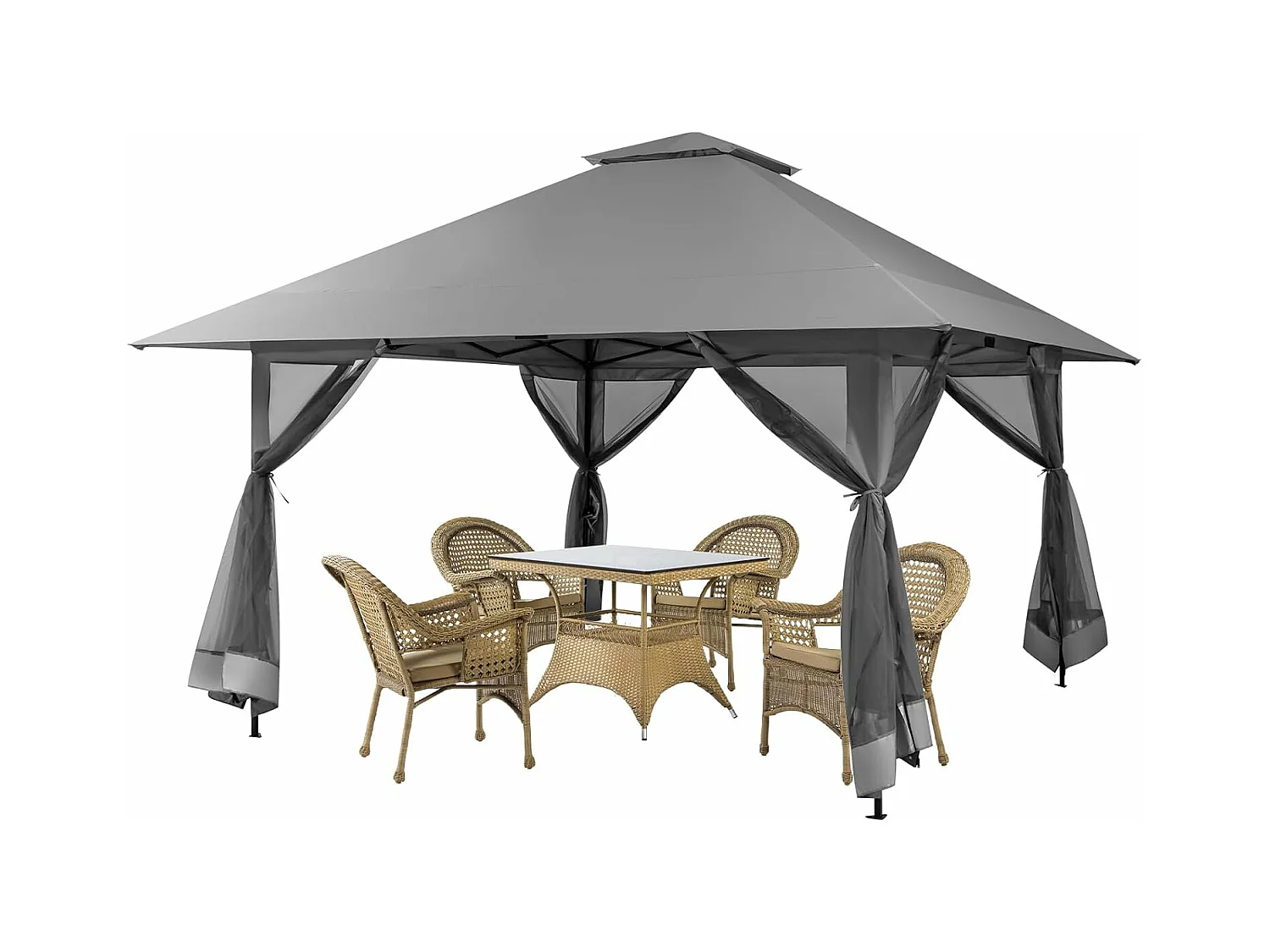 4 x 4 m paviljoen, tuinpaviljoen met zijwanden van gaas, uv-bescherming 50+, pop-up vouwpaviljoen, incl. draagtas met wieltjes (grijs) ZB33944