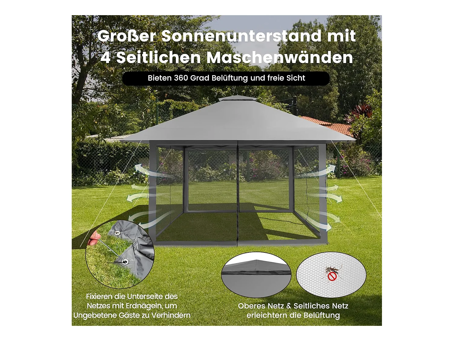 4 x 4 m paviljoen, tuinpaviljoen met zijwanden van gaas, uv-bescherming 50+, pop-up vouwpaviljoen, incl. draagtas met wieltjes (grijs) ZB33944