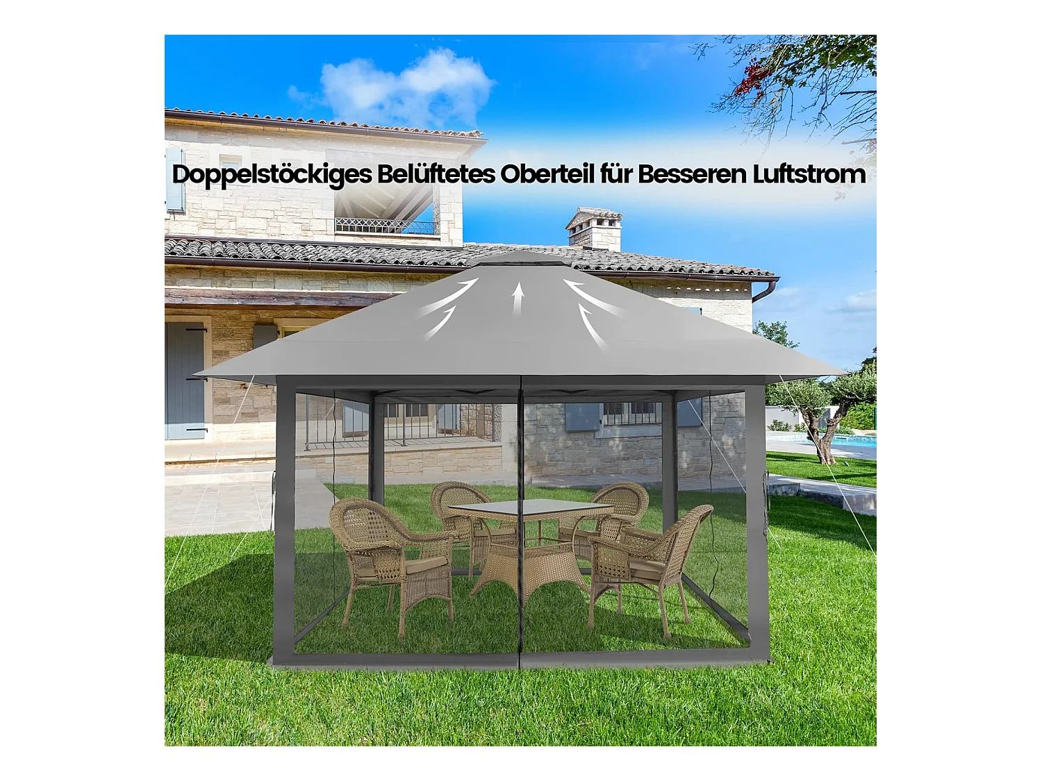 4 x 4 m paviljoen, tuinpaviljoen met zijwanden van gaas, uv-bescherming 50+, pop-up vouwpaviljoen, incl. draagtas met wieltjes (grijs) ZB33944