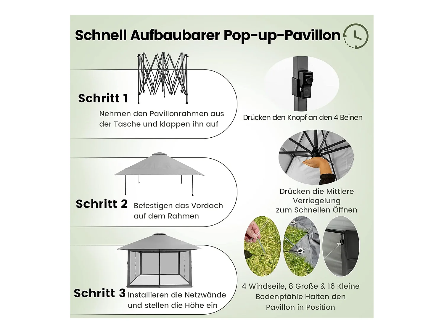 4 x 4 m paviljoen, tuinpaviljoen met zijwanden van gaas, uv-bescherming 50+, pop-up vouwpaviljoen, incl. draagtas met wieltjes (grijs) ZB33944