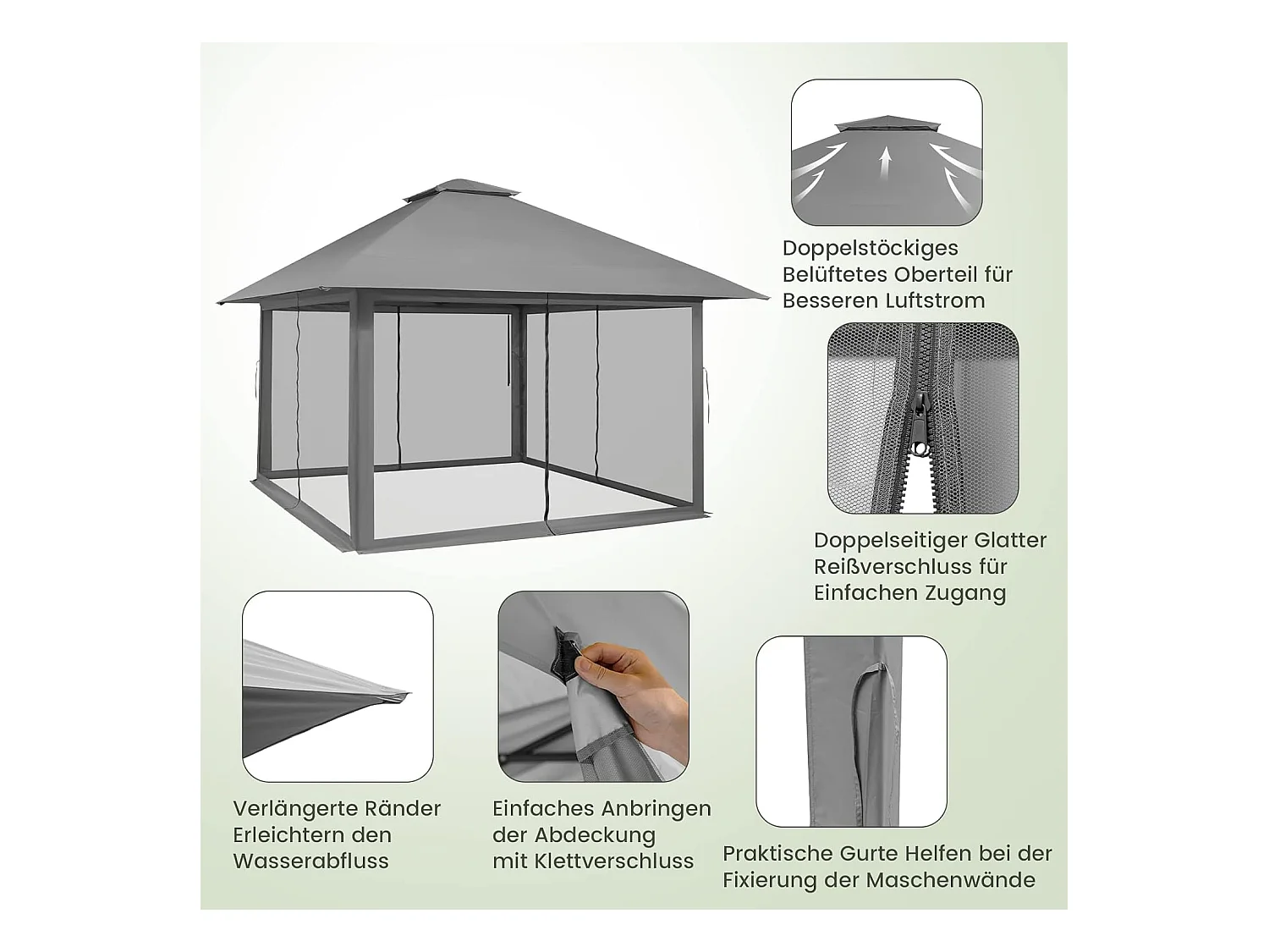 4 x 4 m paviljoen, tuinpaviljoen met zijwanden van gaas, uv-bescherming 50+, pop-up vouwpaviljoen, incl. draagtas met wieltjes (grijs) ZB33944