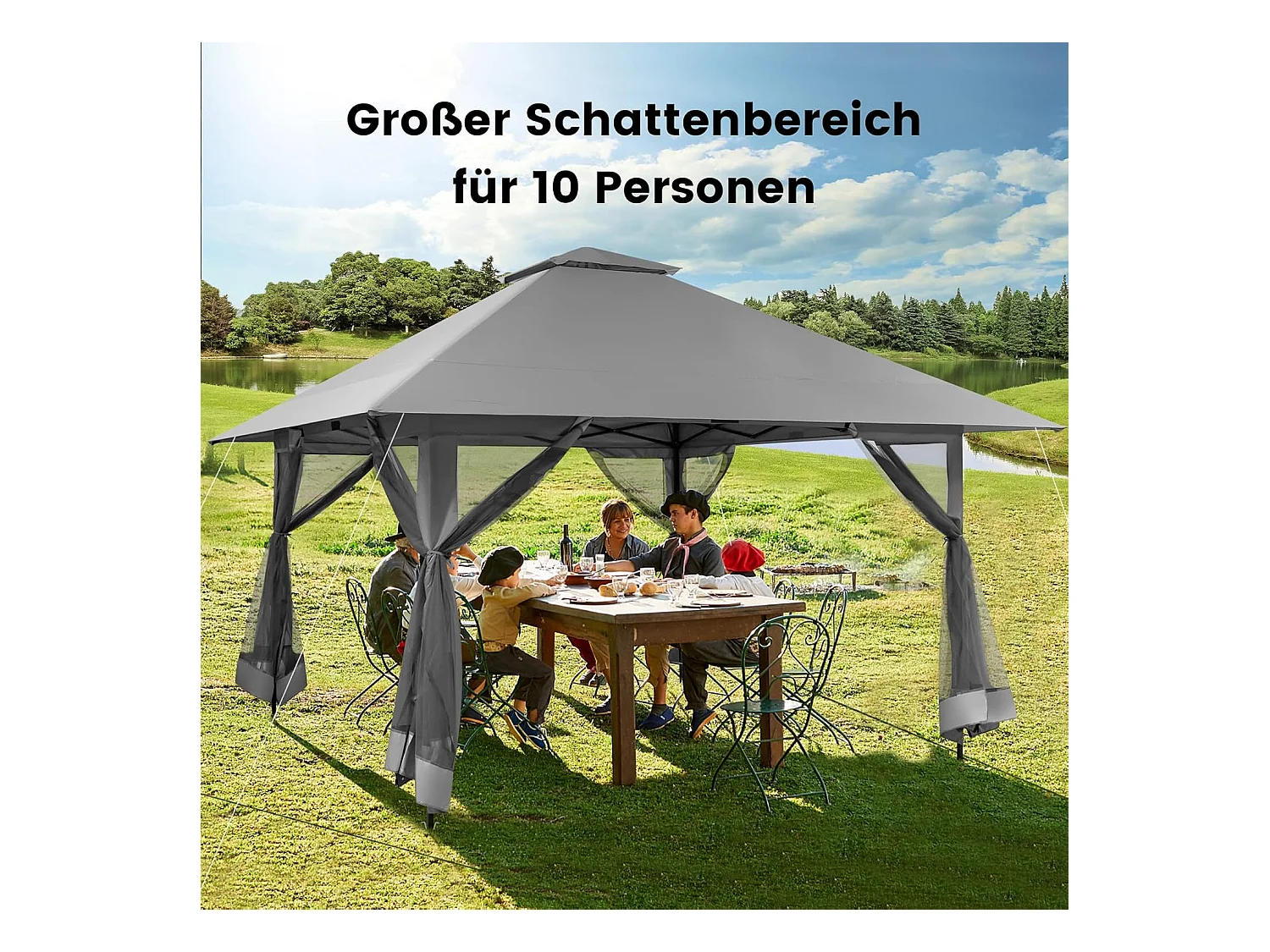 4 x 4 m paviljoen, tuinpaviljoen met zijwanden van gaas, uv-bescherming 50+, pop-up vouwpaviljoen, incl. draagtas met wieltjes (grijs) ZB33944