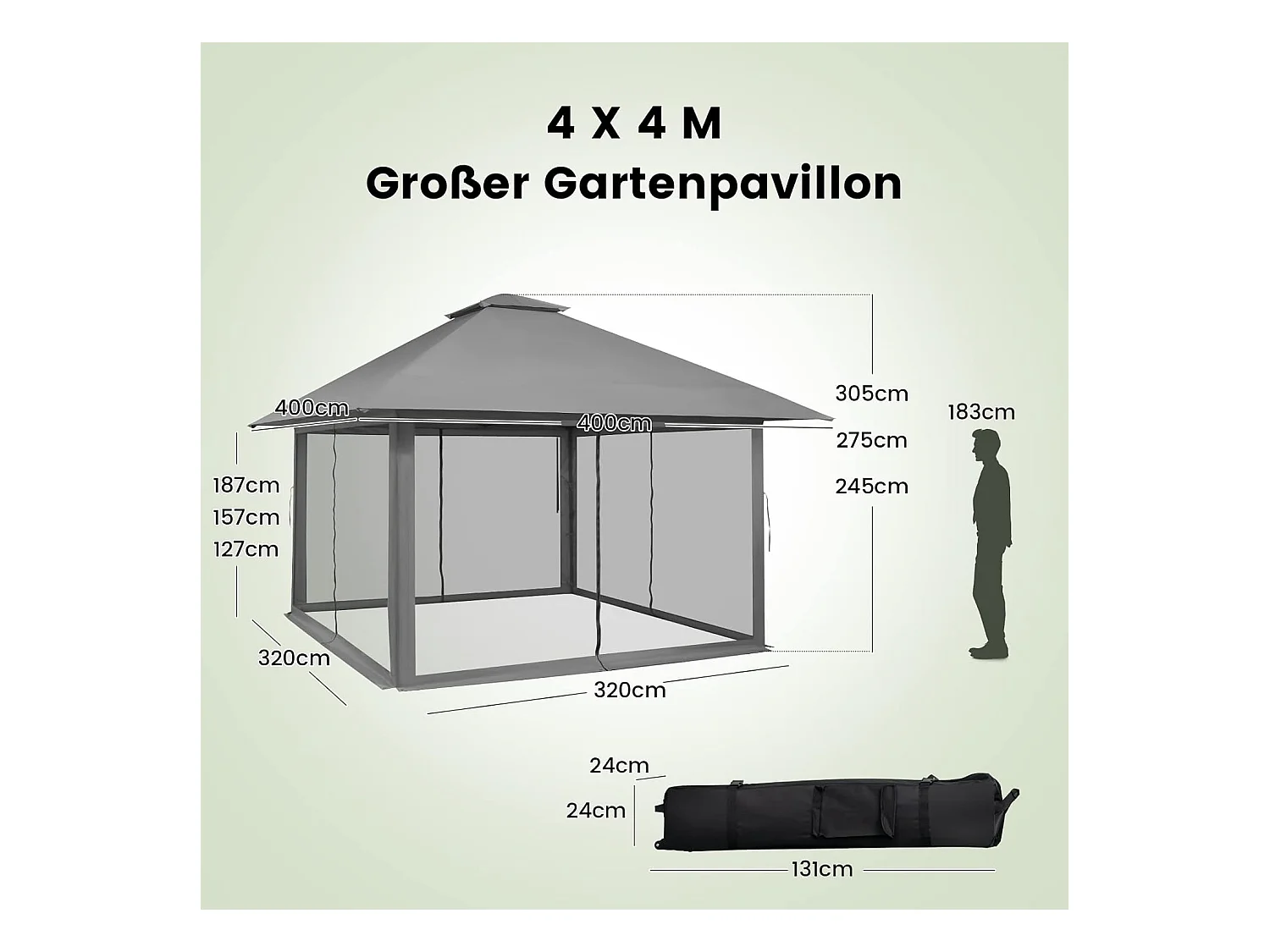 4 x 4 m paviljoen, tuinpaviljoen met zijwanden van gaas, uv-bescherming 50+, pop-up vouwpaviljoen, incl. draagtas met wieltjes (grijs) ZB33944