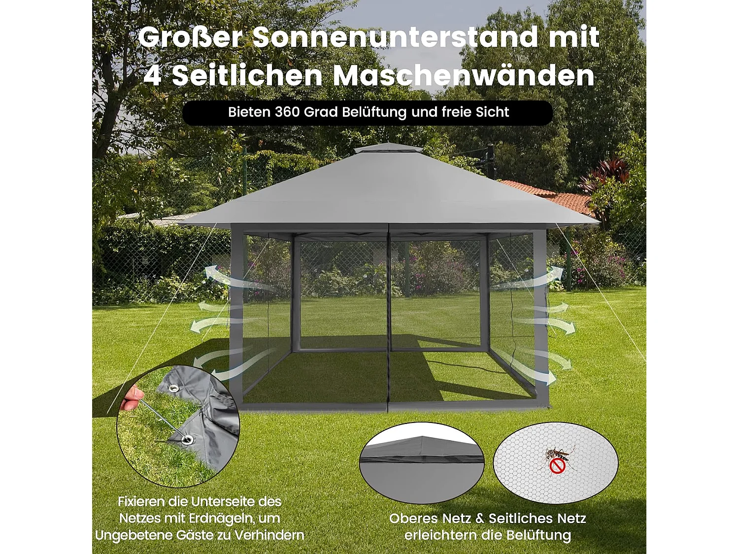 4 x 4 m paviljoen, tuinpaviljoen met zijwanden van gaas, uv-bescherming 50+, pop-up vouwpaviljoen, incl. draagtas met wieltjes (grijs) ZB33944