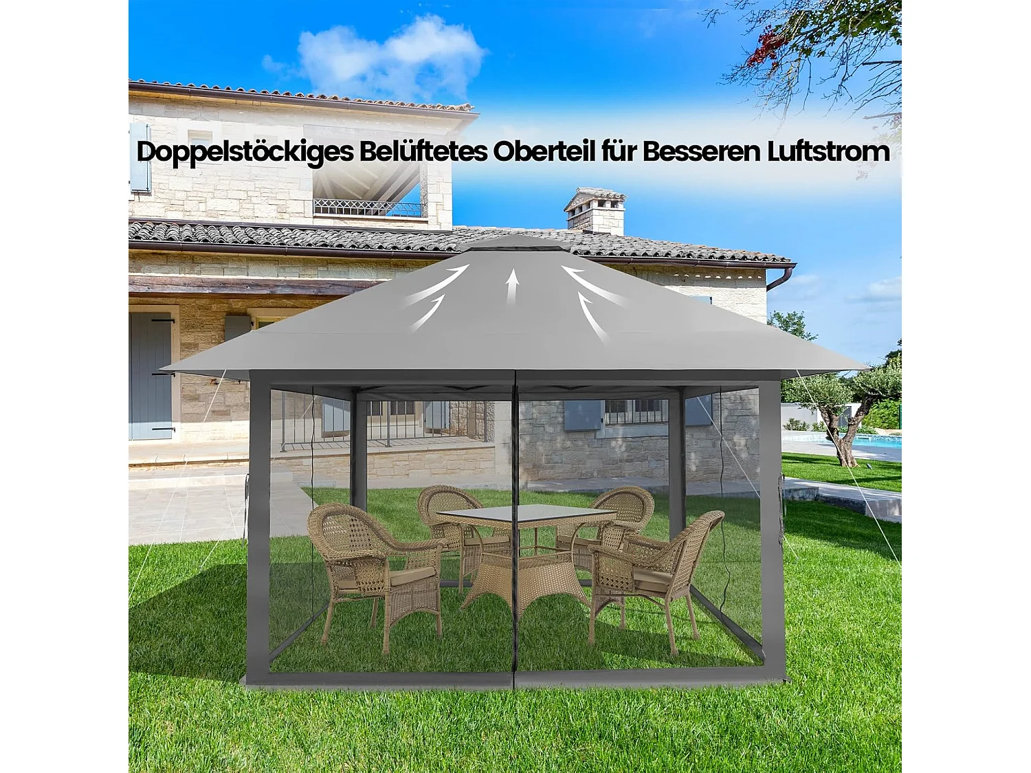 4 x 4 m paviljoen, tuinpaviljoen met zijwanden van gaas, uv-bescherming 50+, pop-up vouwpaviljoen, incl. draagtas met wieltjes (grijs) ZB33944