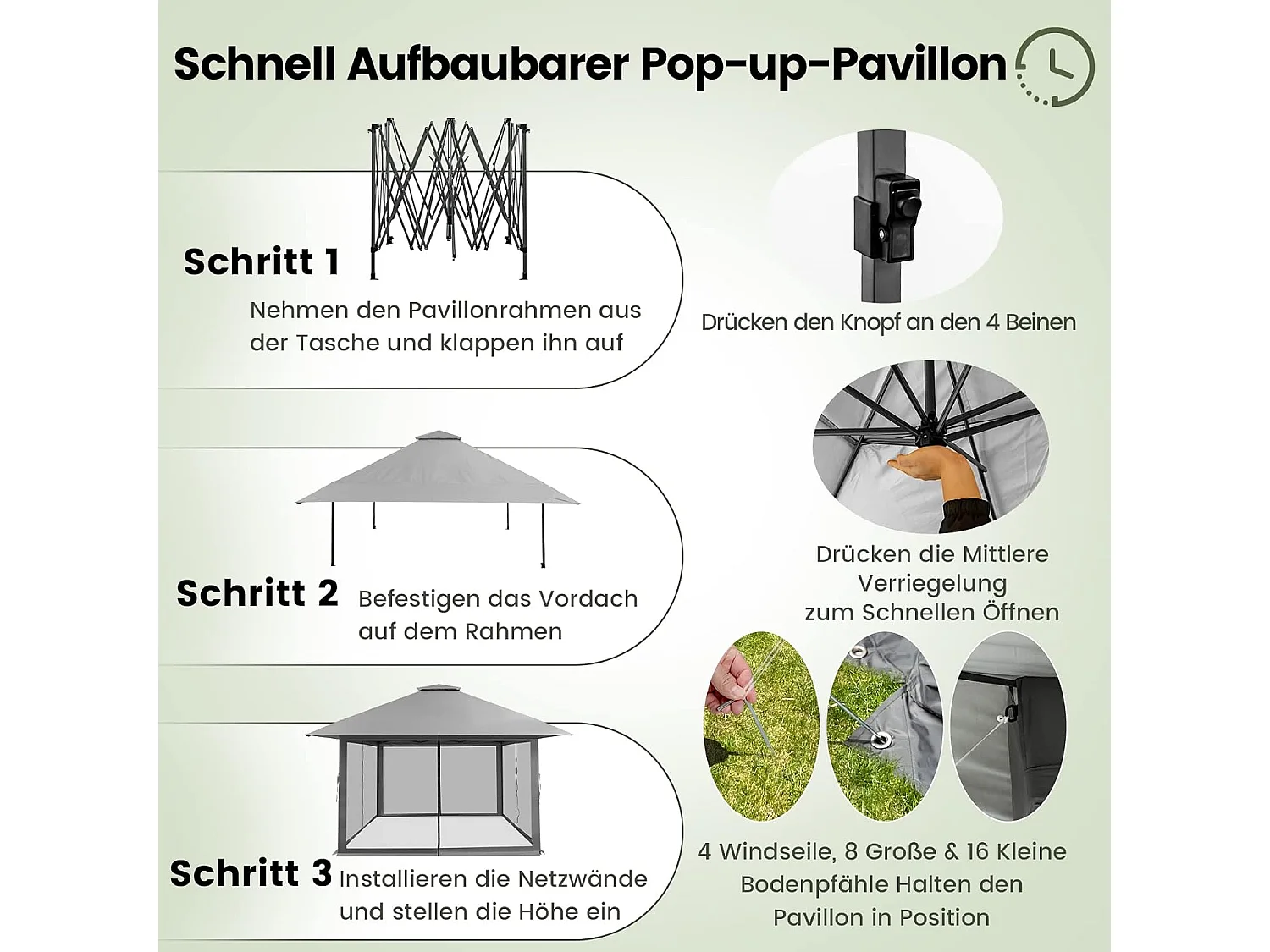 4 x 4 m paviljoen, tuinpaviljoen met zijwanden van gaas, uv-bescherming 50+, pop-up vouwpaviljoen, incl. draagtas met wieltjes (grijs) ZB33944