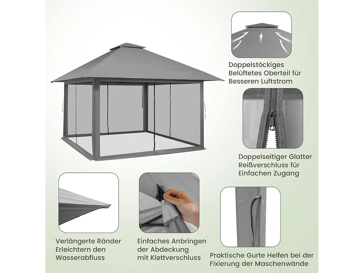 4 x 4 m paviljoen, tuinpaviljoen met zijwanden van gaas, uv-bescherming 50+, pop-up vouwpaviljoen, incl. draagtas met wieltjes (grijs) ZB33944