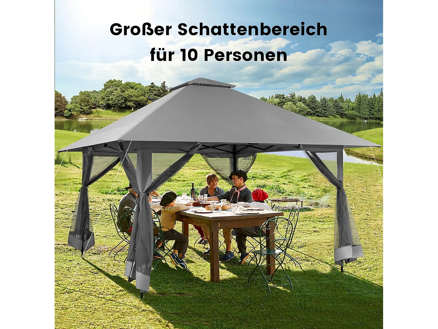 4 x 4 m paviljoen, tuinpaviljoen met zijwanden van gaas, uv-bescherming 50+, pop-up vouwpaviljoen, incl. draagtas met wieltjes (grijs) ZB33944
