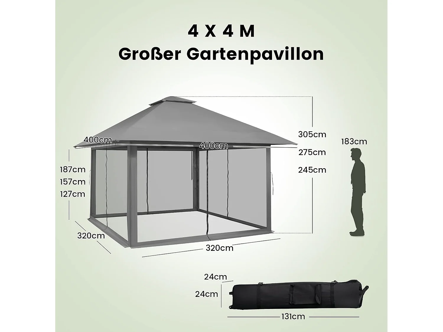 4 x 4 m paviljoen, tuinpaviljoen met zijwanden van gaas, uv-bescherming 50+, pop-up vouwpaviljoen, incl. draagtas met wieltjes (grijs) ZB33944