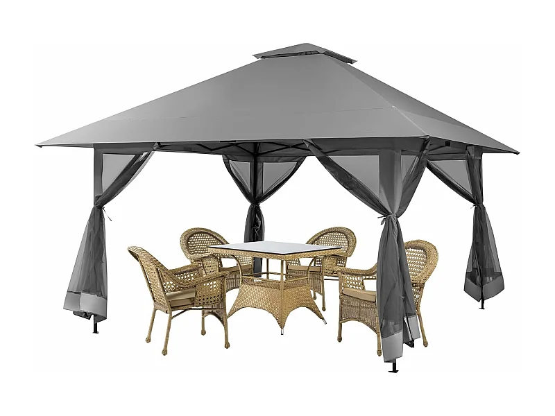 4 x 4 m paviljoen, tuinpaviljoen met zijwanden van gaas, uv-bescherming 50+, pop-up vouwpaviljoen, incl. draagtas met wieltjes (grijs) ZB33944