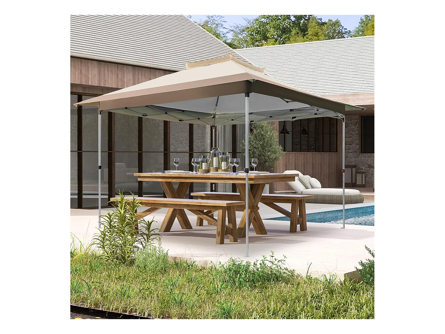 3,6 x 3,6 m paviljoen met dubbel dak, waterdicht, stabiel, winterbestendig, uv-bescherming 50+, vouwpaviljoen, tuinpaviljoen met draagtas, op wieltjes, ZB33684