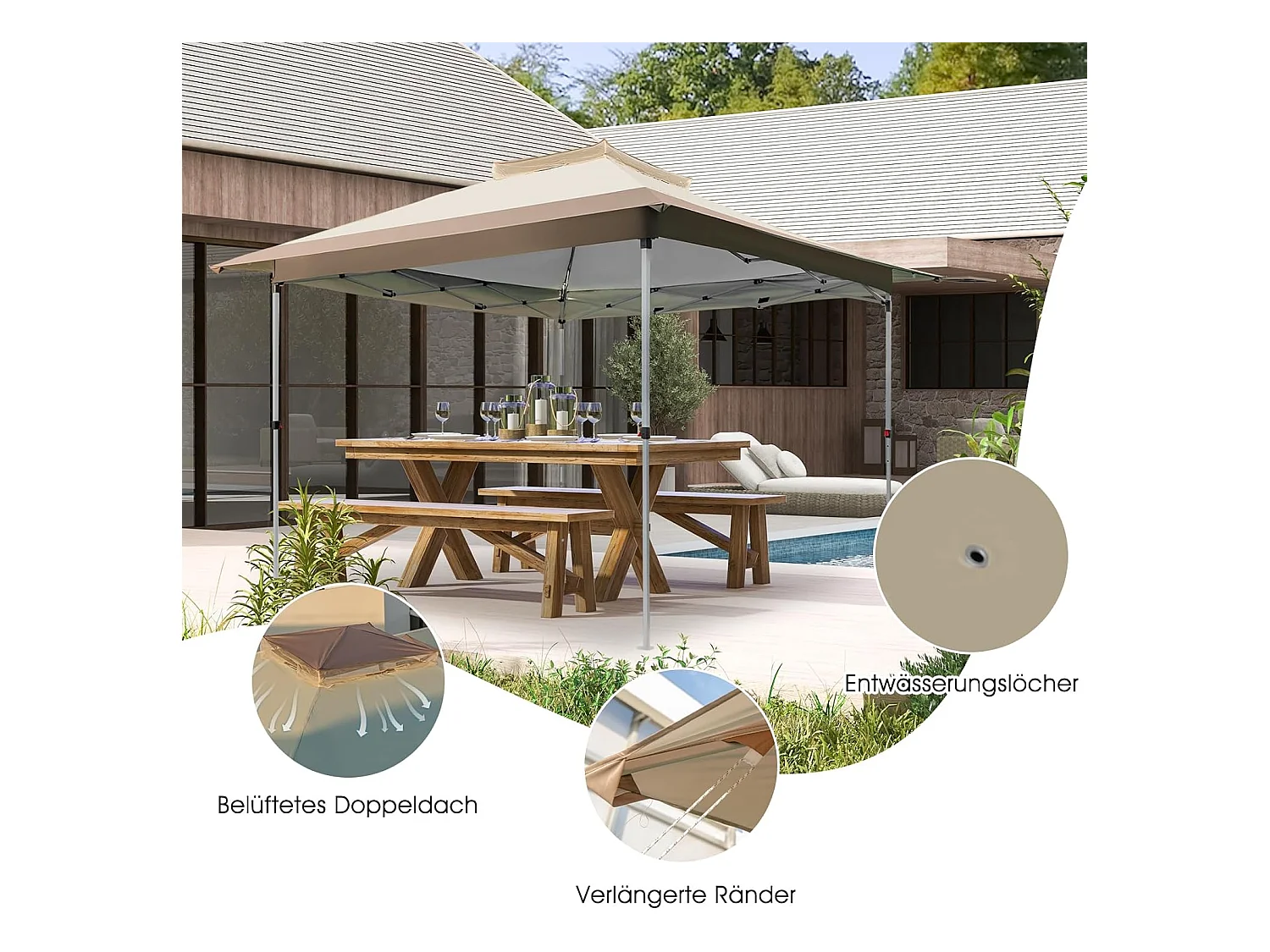 3,6 x 3,6 m paviljoen met dubbel dak, waterdicht, stabiel, winterbestendig, uv-bescherming 50+, vouwpaviljoen, tuinpaviljoen met draagtas, op wieltjes, ZB33684