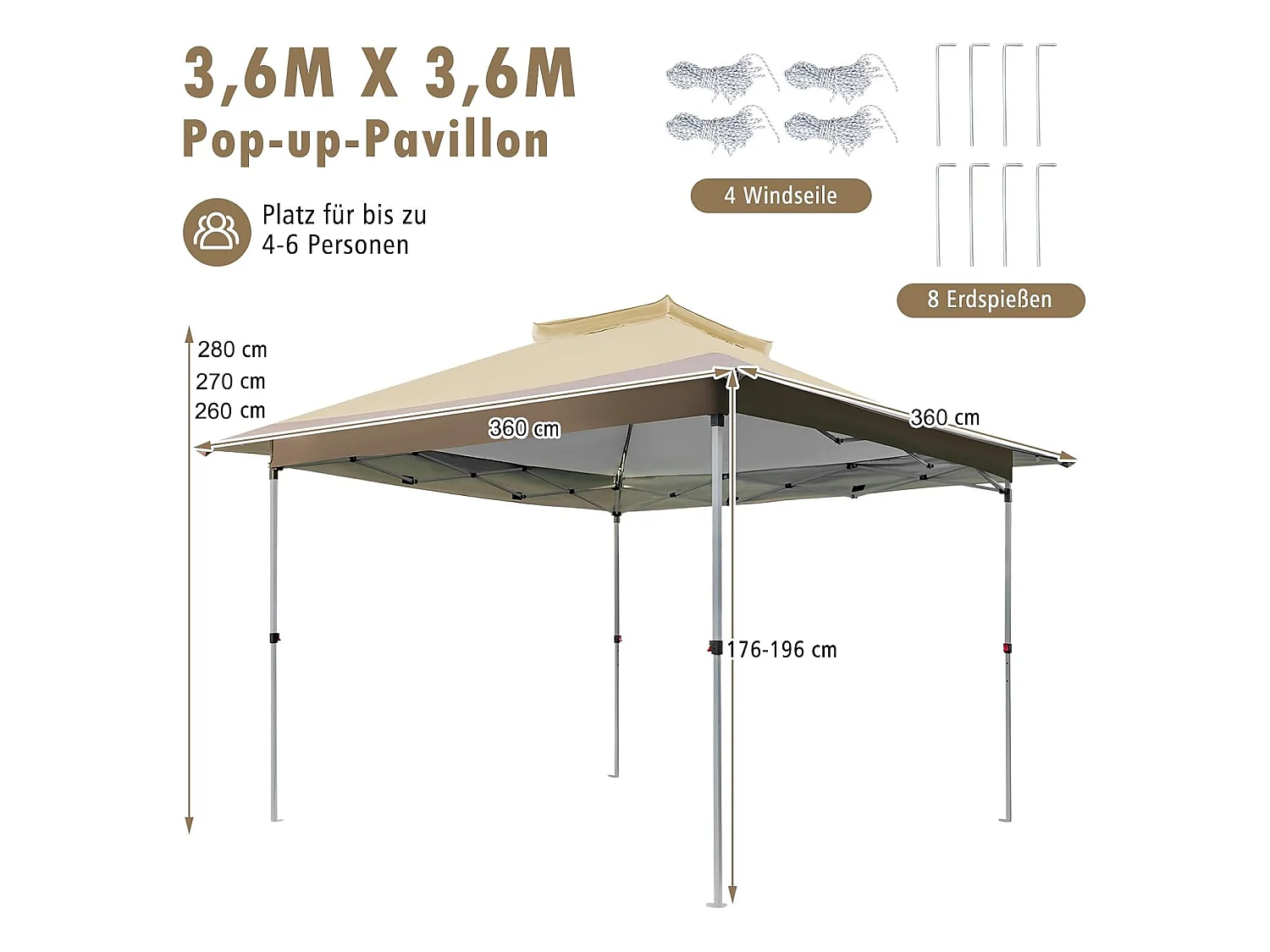3,6 x 3,6 m paviljoen met dubbel dak, waterdicht, stabiel, winterbestendig, uv-bescherming 50+, vouwpaviljoen, tuinpaviljoen met draagtas, op wieltjes, ZB33684