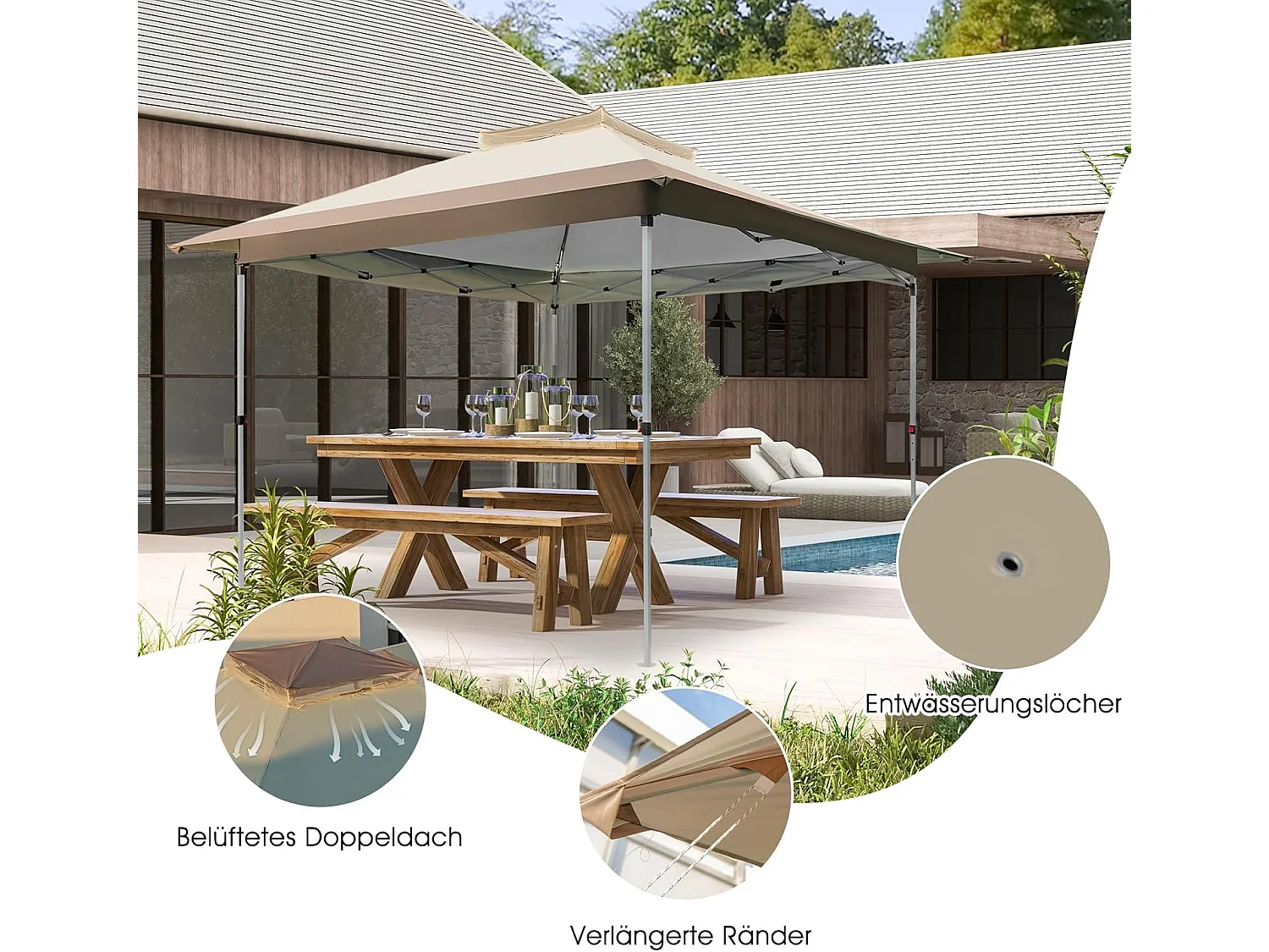 3,6 x 3,6 m paviljoen met dubbel dak, waterdicht, stabiel, winterbestendig, uv-bescherming 50+, vouwpaviljoen, tuinpaviljoen met draagtas, op wieltjes, ZB33684