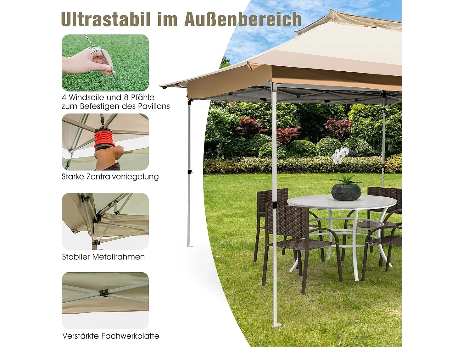 3,6 x 3,6 m paviljoen met dubbel dak, waterdicht, stabiel, winterbestendig, uv-bescherming 50+, vouwpaviljoen, tuinpaviljoen met draagtas, op wieltjes, ZB33684