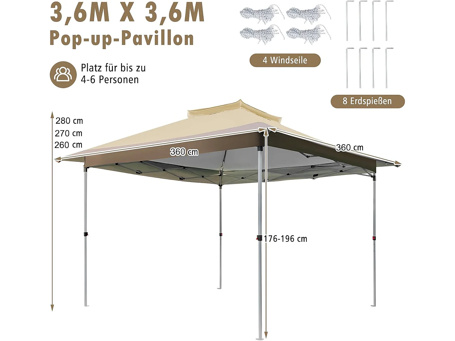 3,6 x 3,6 m paviljoen met dubbel dak, waterdicht, stabiel, winterbestendig, uv-bescherming 50+, vouwpaviljoen, tuinpaviljoen met draagtas, op wieltjes, ZB33684