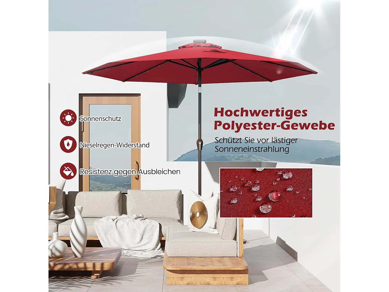 300 cm led-parasol, tuinparasol, marktscherm met solarverlichting, terrasparasol achthoek, zwengelparasol, strandscherm, hangscherm, kleurkeuze ZB33616