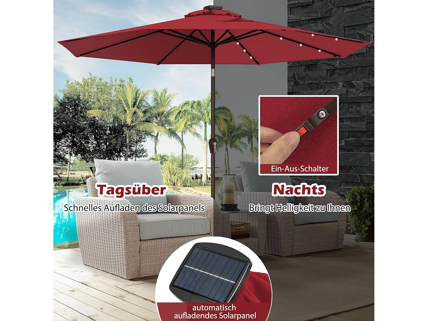 300 cm led-parasol, tuinparasol, marktscherm met solarverlichting, terrasparasol achthoek, zwengelparasol, strandscherm, hangscherm, kleurkeuze ZB33616