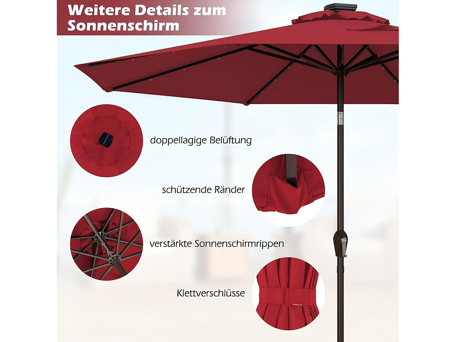 300 cm led-parasol, tuinparasol, marktscherm met solarverlichting, terrasparasol achthoek, zwengelparasol, strandscherm, hangscherm, kleurkeuze ZB33616