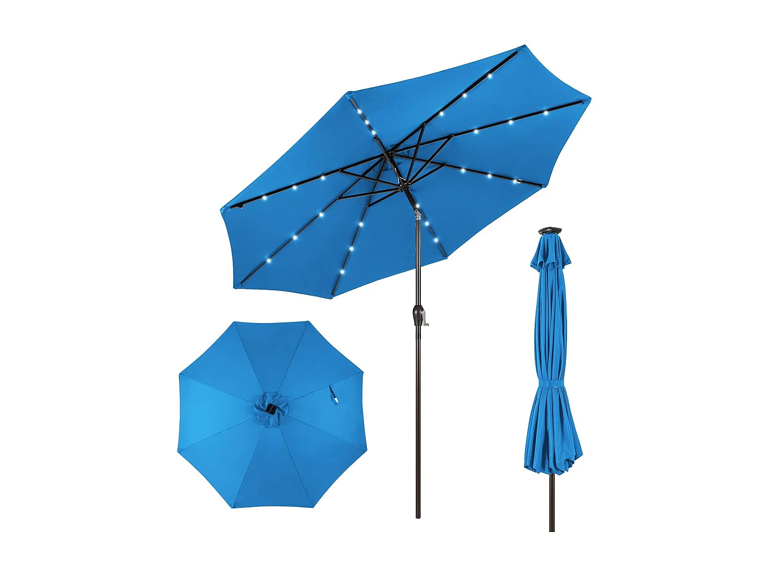 Parasol 300 cm met led-verlichting, parasolvoet niet inbegrepen, tuinparasol met zwengel, aan beide zijden 30° knikbaar, terrasparasol met 8 ribben (blauw) ZB33616