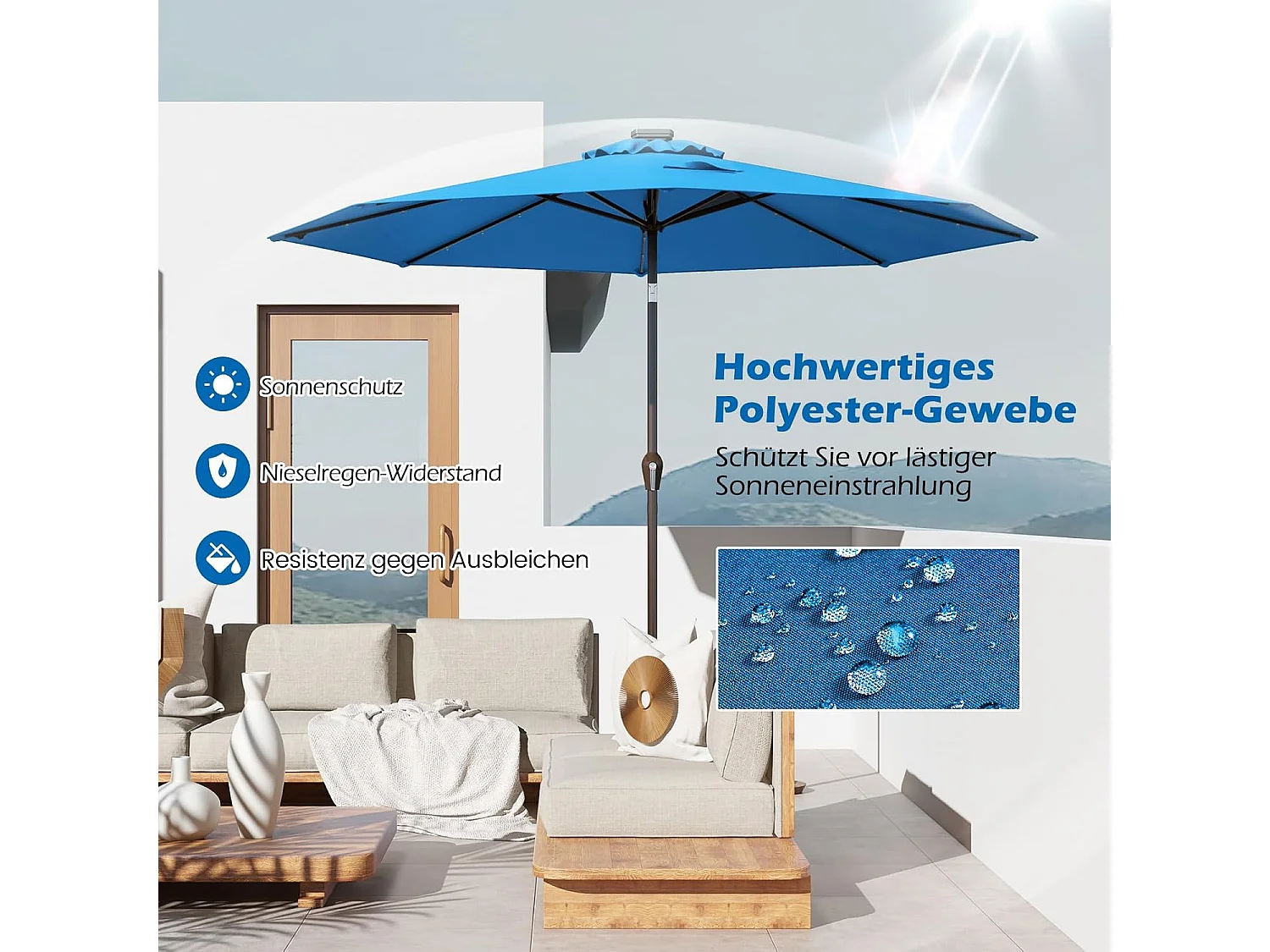 Parasol 300 cm met led-verlichting, parasolvoet niet inbegrepen, tuinparasol met zwengel, aan beide zijden 30° knikbaar, terrasparasol met 8 ribben (blauw) ZB33616