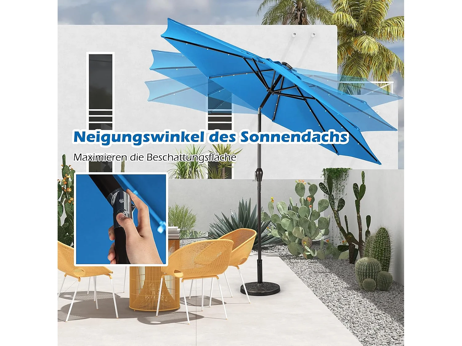 Parasol 300 cm met led-verlichting, parasolvoet niet inbegrepen, tuinparasol met zwengel, aan beide zijden 30° knikbaar, terrasparasol met 8 ribben (blauw) ZB33616