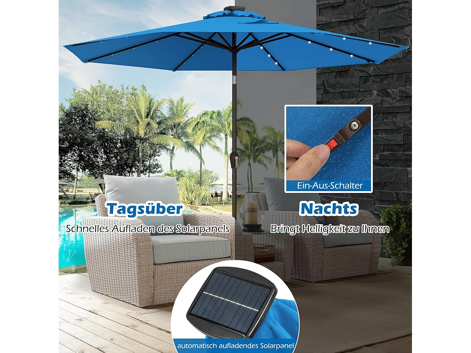 Parasol 300 cm met led-verlichting, parasolvoet niet inbegrepen, tuinparasol met zwengel, aan beide zijden 30° knikbaar, terrasparasol met 8 ribben (blauw) ZB33616