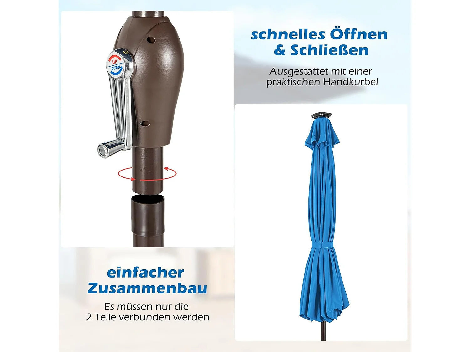 Parasol 300 cm met led-verlichting, parasolvoet niet inbegrepen, tuinparasol met zwengel, aan beide zijden 30° knikbaar, terrasparasol met 8 ribben (blauw) ZB33616